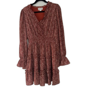 Love Riche Burnt Orange Floral Long Ruffle Sleeve Dress
